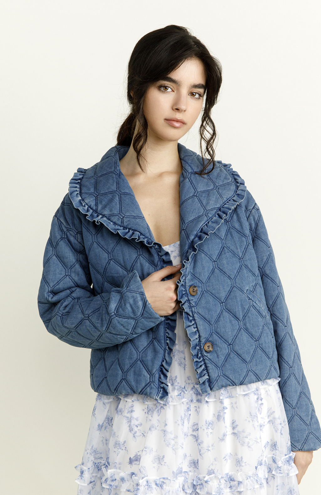 Denim Quilted Ruffle Jacket